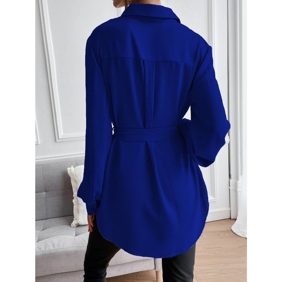 long sleeve Button down Belted tunic length Shirt black - Picture 5 of 11